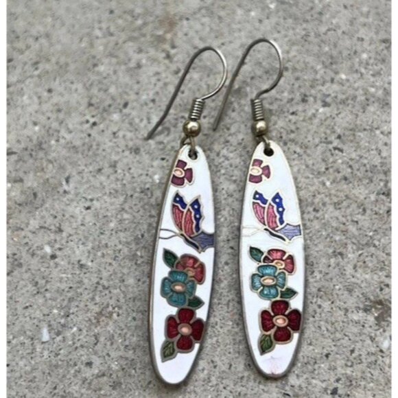 Vintage Enamel Flower & Butterfly Brass Earrings Pierce Dangle Work Gold Tone - Picture 7 of 9